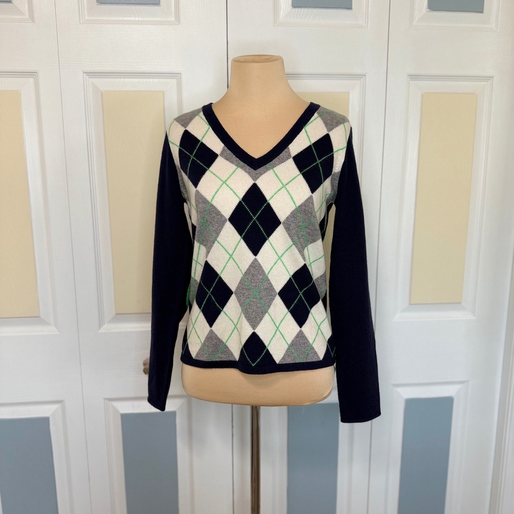 Sutton Studio Petite Cashmere Argyle V-Neck Sweater Navy Blue Elbow Patches PS